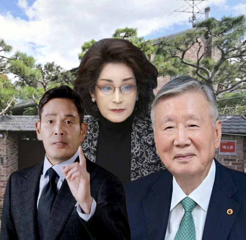 서울 용산구 한남동 단독주택을 배경으로 정용진 신세계그룹 회장(왼쪽), 이명희 신세계그룹 총괄회장(가운데), 이중근 부영그룹 회장(오른쪽)의 사진을 합성한 이미지. 해당 주택은 정 회장이 지난 6일 부영주택에 255억 5,000만 원에 매각했다. (사진=각사 제공 및 네이버 로드뷰)