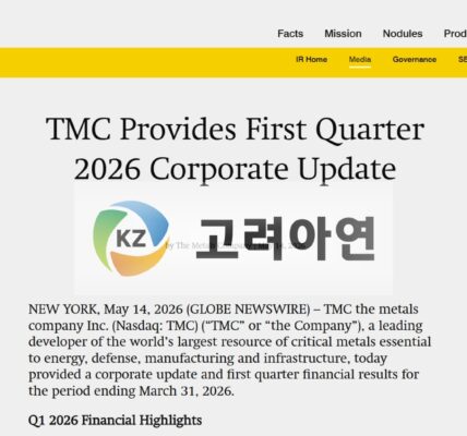 TMC가 2026년 5월 14일 발표한 ‘First Quarter 2026 Corporate Update’ 공식 자료를 기반으로 고려아연 로고를 합성한 이미지. (출처: TMC 공식 보도자료 (2026.5.14) + 고려아연 로고)