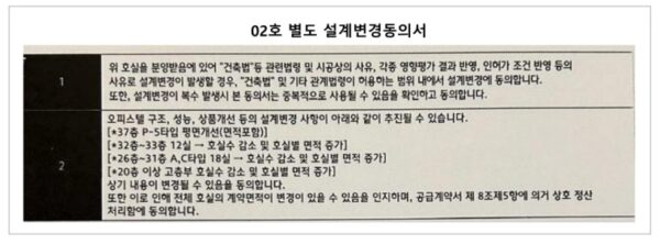 별도 설계변경동의서. 이 두 장의 동의서는 같은 시기(2021년 12월)에 작성된 문서임에도 호실별로 설계변경 가능 범위가 상당히 다르게 기재되어 있다는 점이 핵심이다. 건축물분양법 제7조상 요구되는 구체적 설계변경 도면 첨부, 건축사 도장, 설명서 교부 등의 절차가 제대로 이행되지 않은 정황을 보여주는 자료이다.