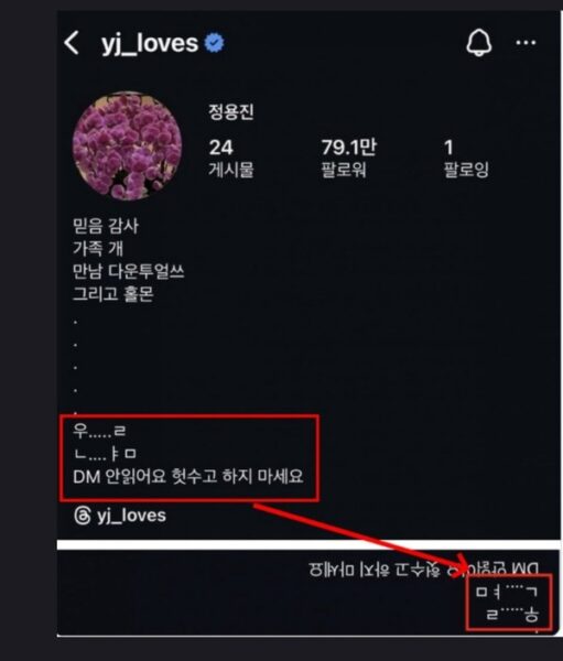 정용진 신세계그룹 회장의 인스타그램 계정(@yj_loves) 프로필 화면. 소개글란에 자음·모음을 분리한 형태로 적힌 "우.....ㄹ / ㄴ.....ㅏ ㅁ"(빨간 상자)을 거울에 비추면 오른쪽 하단과 같이 '멸공' 문자가 드러난다. 이 이미지가 온라인에 확산되며 정 회장의 또 다른 멸공 논란이 불거졌고, 이후 해당 문구는 삭제됐다. 출처정용진 인스타그램 @yj_loves 캡처 / 온라인 커뮤니티 유포본
(촬영·배포 시점: 2025년 7월경)