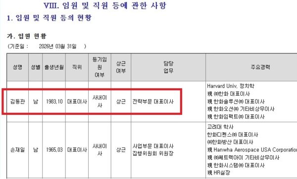 한화에어로스페이스 2026년 사업보고서 임원 현황. 김동관 전략부문 대표이사(사내이사)와 손재일 사업부문 대표이사가 각자대표 체제로 등재돼 있다. (2026.03.31 기준)”출처:
DART – 한화에어로스페이스 사업보고서 (2026.05.13 제출)