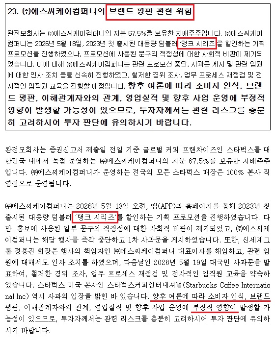 2026년 6월 4일자 이마트 투자설명서에는 5월 발생한 '탱크 시리즈' 프로모션 논란이 사회적 비판으로 이어져 영업실적에 부정적 영향을 줄 수 있다는 점이 공식 위험 요소로 등재됐다. 오너 리스크와 경영 판단 미스가 기업 가치 하락의 원인임을 회사 스스로 인정한 셈이다.