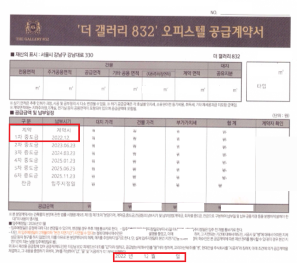 계약 후 5일 만에 1차 중도금 납부하도록 한 공급계약서. 2022.12.21. 체결된 더 갤러리 832 공급계약서. 건축물분양법 시행령이 규정한 ‘계약일로부터 1개월 경과 후’ 중도금 납부 규정을 위반한 사례를 보여준다.