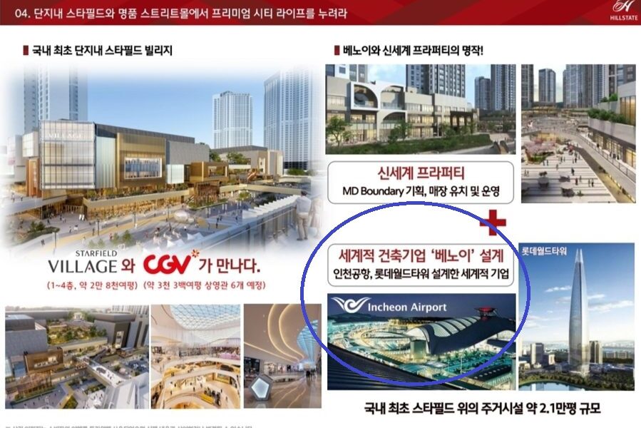국내 최초 단지 내 스타필드 빌리지와 베노이 설계 스트리트몰을 강조한 홍보 이미지. (분양 당시 홍보물 캡처)