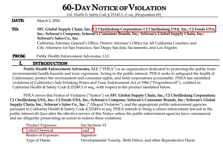 미국 공익단체 PHEA가 지난 3월 5일 CJ제일제당(CJ CheilJedang Corporation)과 미국 자회사 CJ푸드USA·슈완스 등을 상대로 제출한 '발의안 65호(Prop 65)' 60일 위반 통지서. 규제 대상 물질로 '납(Lead)'이 적시돼 있다. 빨간 네모는 편집자 표시. (출처: 캘리포니아주 법무부 Prop 65 공식 문서 )