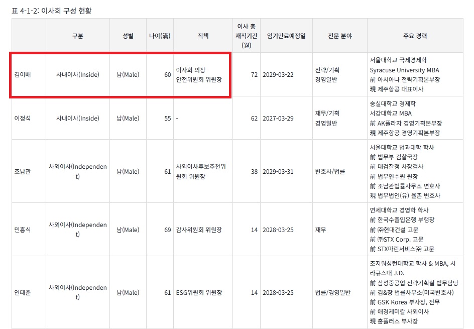 제주항공이 지난 6월 1일 공시한 기업지배구조보고서 '이사회 구성 현황' 표. 김이배 대표이사의 직책이 '이사회 의장'과 '안전위원회 위원장'으로 나란히 적혀 있다. 임기 만료 예정일은 2029년 3월 22일이다. /자료=금융감독원 전자공시시스템