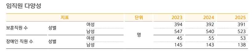 신한금융그룹이 지난달 30일 공시한 '2025 ESG 데이터팩'의 임직원 다양성 표. 장애인 직원 수가 2024년 198명에서 2025년 191명으로 줄었다. 〈자료=신한금융그룹 2025 지속가능경영보고서〉