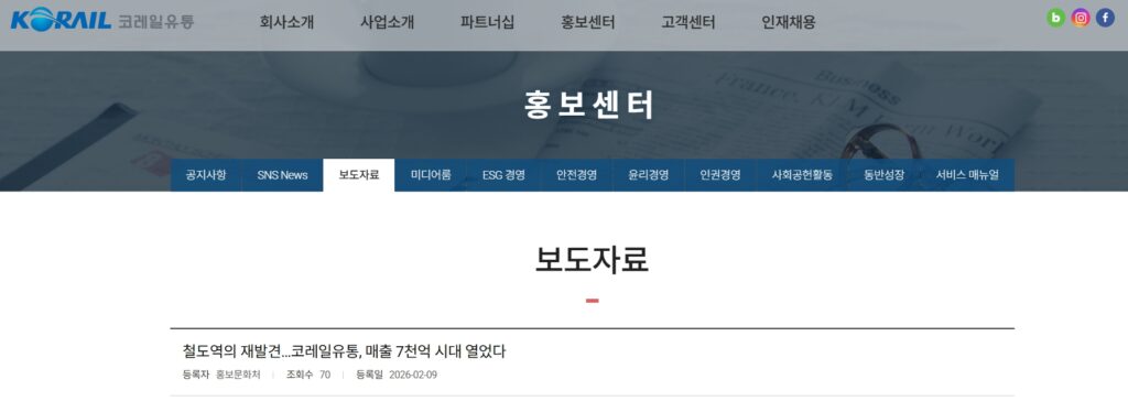 코레일유통이 2026년 2월 9일 홈페이지 홍보센터 보도자료 게시판에 올린 '철도역의 재발견…코레일유통, 매출 7천억 시대 열었다'. 등록자는 홍보문화처로 표기돼 있다. 회사는 이 자료에서 '매출 7천억 원'을 창사 이래 최초 실적으로 제시했지만, 같은 해 감사보고서에 기재된 매출액은 3558억7433만 원이었다. [사진출처=코레일유통 홈페이지 갈무리]
