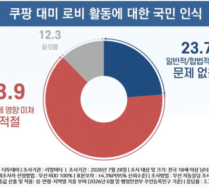 쿠팡Inc의 대미 로비 활동에 대한 국민 인식 여론조사 결과. 응답자의 63.9%가 '국내 규제에 영향을 미치려 해 부적절하다'고 답한 반면, '일반적·합법적 활동으로 문제없다'는 응답은 23.7%, '잘 모름'은 12.3%로 집계됐다. (출처: 리얼미터 제공 / 더투데이 의뢰)
