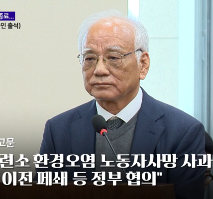 장형진 영풍 고문이 2024년 10월 24일 국회 환경노동위원회의 환경부 종합 국정감사에 증인으로 출석해 있다. 장 고문은 이날 석포제련소 환경오염과 노동자 사망 등 현안에 대해 사과했다. 이 사진은 당시 국정감사 장면으로, 이 기사에서 다룬 증권선물위원회의 회계 제재와는 별개 사안이다. (출처:이데일리TV 영상 갈무리)