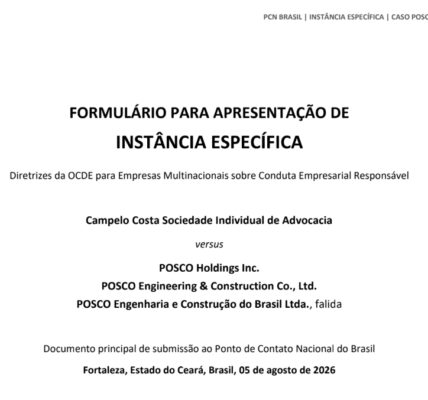 브라질 포스코 채권자 측이 지난 5일 브라질 국내연락사무소(PCN)에 제출했다고 밝힌 OECD 다국적기업 가이드라인 개별 사안 제소서 표지. 피제소 대상에 포스코홀딩스와 포스코이앤씨가 나란히 기재돼 있다. ⓒ