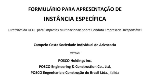 브라질 포스코 채권자 측이 지난 5일 브라질 국내연락사무소(PCN)에 제출했다고 밝힌 OECD 다국적기업 가이드라인 개별 사안 제소서 표지. 피제소 대상에 포스코홀딩스와 포스코이앤씨가 나란히 기재돼 있다. ⓒ