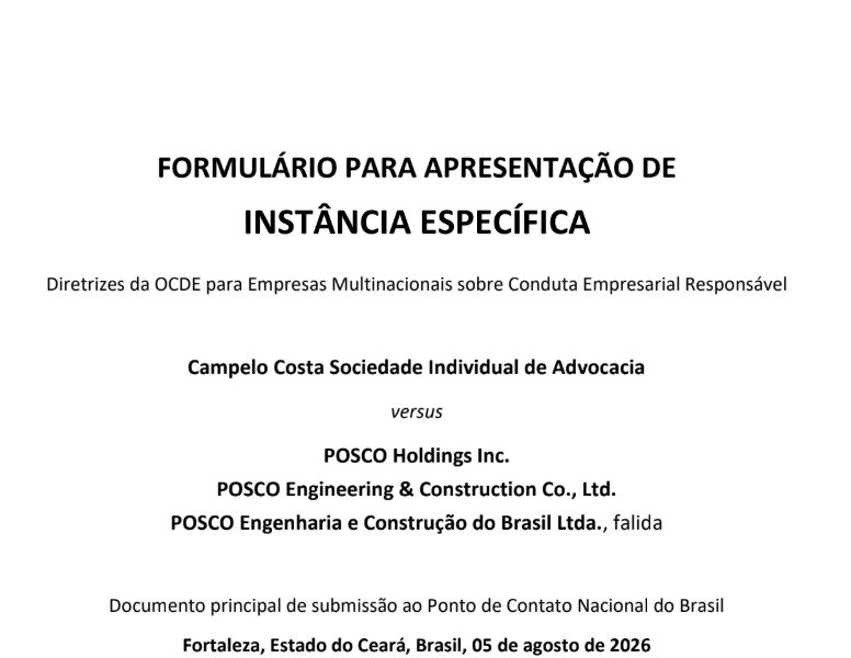 브라질 포스코 채권자 측이 지난 5일 브라질 국내연락사무소(PCN)에 제출했다고 밝힌 OECD 다국적기업 가이드라인 개별 사안 제소서 표지. 피제소 대상에 포스코홀딩스와 포스코이앤씨가 나란히 기재돼 있다. ⓒ