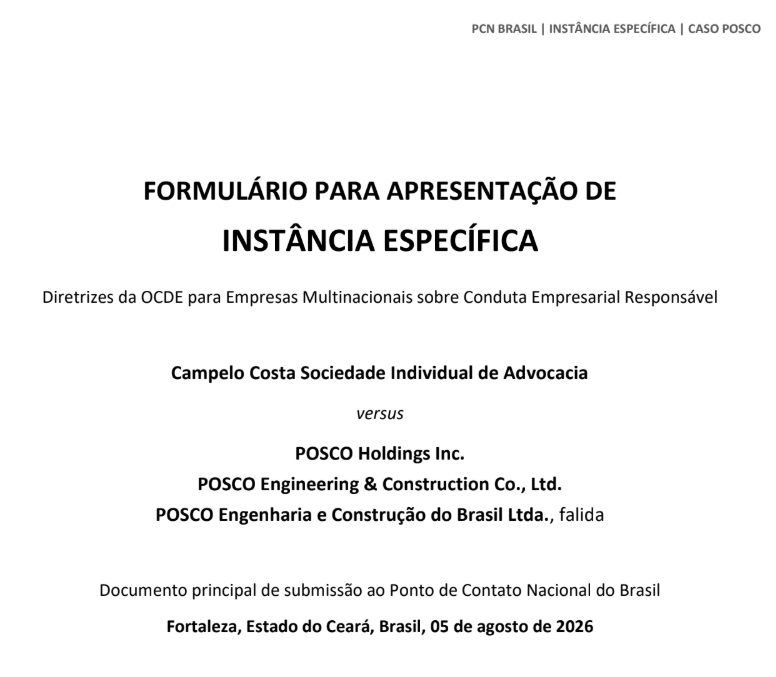 브라질 포스코 채권자 측이 지난 5일 브라질 국내연락사무소(PCN)에 제출했다고 밝힌 OECD 다국적기업 가이드라인 개별 사안 제소서 표지. 피제소 대상에 포스코홀딩스와 포스코이앤씨가 나란히 기재돼 있다. ⓒ