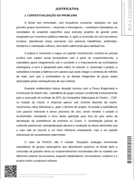 브라질 하원에 지난달 17일 발의된 보완법률안 215/2026호 제안이유서. 포스코 브라질 법인 사례를 입법 필요성의 대표 사례로 명시하고 있다. ⓒ국제포스코채권자협회 제공