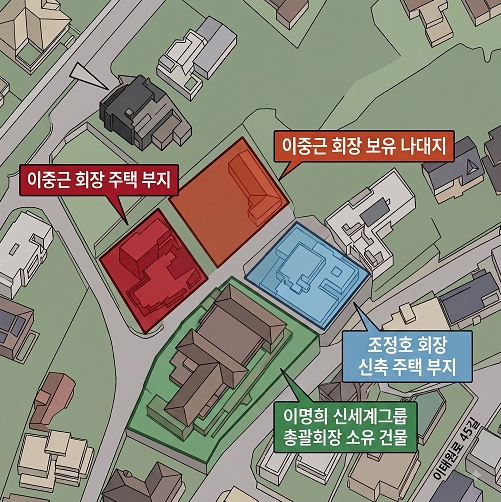 서울 용산구 이태원동 일대 이중근 부영그룹 회장, 조정호 메리츠금융지주 회장, 이명희 신세계그룹 총괄회장 소유 부동산 배치도. (AI 이미지 편집)