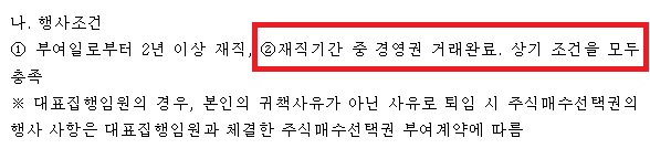 하나투어가 18일 공시한 주식매수선택권 부여 신고. 행사조건에 '재직기간 중 경영권 거래완료'가 명시돼 있고, 대상자별 내역에 조좌진 대표집행임원 20만주가 적혀 있다. (출처=금융감독원 공시시스템)