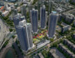 써밋 리미티드 남천 조감도. 지하 5층~지상 40층 5개 동, 총 835세대 규모의 하이엔드 단지로, 단지 중앙에 조형물과 녹지가 배치된 모습. 출처: 대우건설 / 푸르지오 공식 사이트 (prugio.com)
