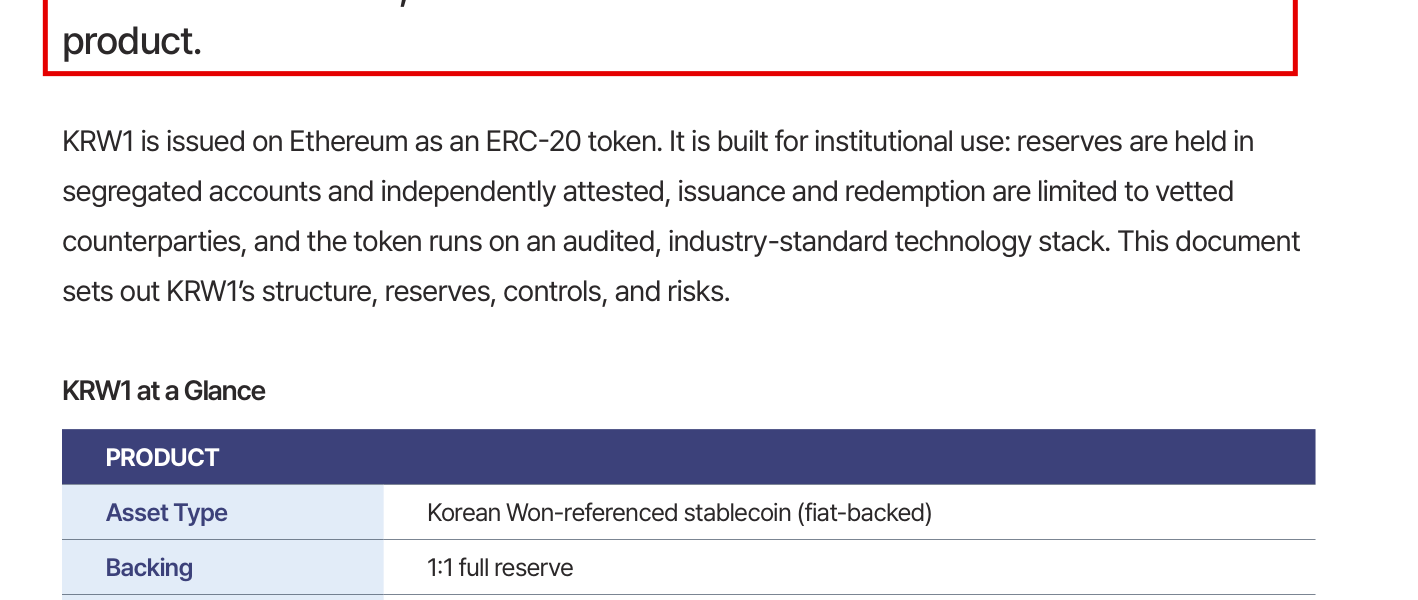 비댁스가 KRW1 홈페이지에 공개한 2026년 백서 개요. KRW1을 '실제 운영 중인 상품(live product)'으로 소개하고, 규제 현황란에는 금융정보분석원(FIU)이 수리한 신고에 따라 발행된다고 적었다. 비댁스가 수정 검토 의사를 밝혔지만 28일 현재 같은 문구가 그대로 남아 있다. (출처=비댁스 KRW1 백서 2026)