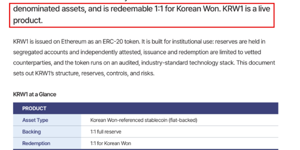 비댁스가 KRW1 홈페이지에 공개한 2026년 백서 개요. KRW1을 '실제 운영 중인 상품(live product)'으로 소개하고, 규제 현황란에는 금융정보분석원(FIU)이 수리한 신고에 따라 발행된다고 적었다. 비댁스가 수정 검토 의사를 밝혔지만 28일 현재 같은 문구가 그대로 남아 있다. (출처=비댁스 KRW1 백서 2026)