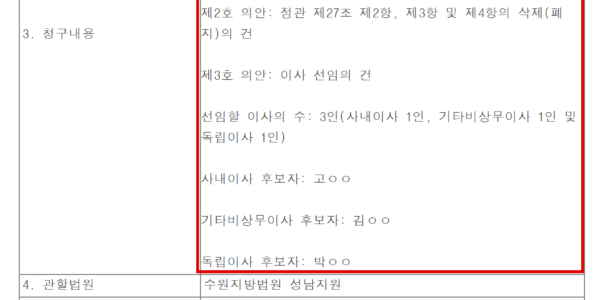 오스코텍이 지난 23일 공시한 '소송 등의 제기·신청(경영권 분쟁 소송)'. 신청인이 22일 수원지방법원 성남지원에 주주총회소집허가를 신청했다(사건번호 2026비합5145). 안건은 정관 제27조 제2~5항 삭제와 사내이사 1인·기타비상무이사 1인·독립이사 1인 등 이사 3명 선임이다. 신청인과 후보자 이름은 공시에 '김ㅇㅇ', '고ㅇㅇ', '박ㅇㅇ' 등으로 가려져 있다. 출처 금융감독원 전자공시시스템