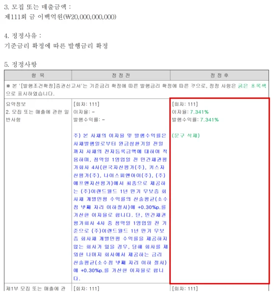 이랜드월드가 2026년 8월 26일 금융위원회에 제출한 제111회 회사채 발행조건 확정 증권신고서. 1년 만기 회사채 200억원의 이자율과 발행수익률이 연 7.341%로 확정됐다. 지난 4월 같은 1년물 금리는 연 6.31%였다. (출처=금융감독원 전자공시시스템)