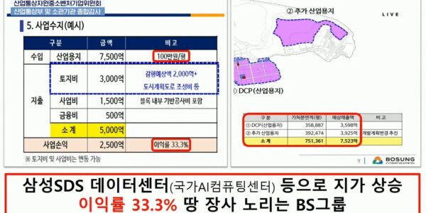 구자근 국민의힘 의원이 22일 국회 산업통상자원중소벤처기업위원회 종합감사에서 공개한 BS그룹 내부 문건의 솔라시도 산업용지 사업수지. 산업용지 약 75만평(751,361평)의 매각 수입을 평당 100만원, 7500억원으로 잡고 토지비·사업비·금융비 5000억원을 뺀 사업손익 2500억원을 '이익률 33.3%'로 적었다. 화면 아래 문구는 구 의원실이 붙인 것이다. (출처=국회방송)