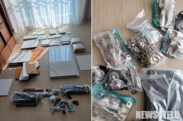 G마켓에서 ‘전체 조립’ 옵션으로 주문한 리프트업 테이블이 판재와 가스리프트, 바퀴, 나사·연결 부품 등이 각각 분리된 상태로 배송된 모습. 제품에는 별도의 조립설명서도 동봉되지 않았다. 사진=A씨 제공