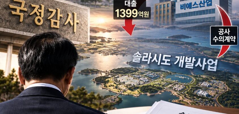 국회의사당과 전남 해남 솔라시도 개발사업을 배경으로, 이기승 BS그룹 회장 자녀 4명이 지분 90.5%를 보유한 비에스산업의 시행사 대여금 1399억원과 부지 조성공사 참여 구조를 표현한 AI 생성 이미지. 국정감사에서 공공투자에 따른 개발이익 귀속 문제가 제기되고 있으나, 위법 여부가 확인된 것은 아니다. (출처=뉴스필드 AI 생성 이미지·실제 현장 사진 아님)