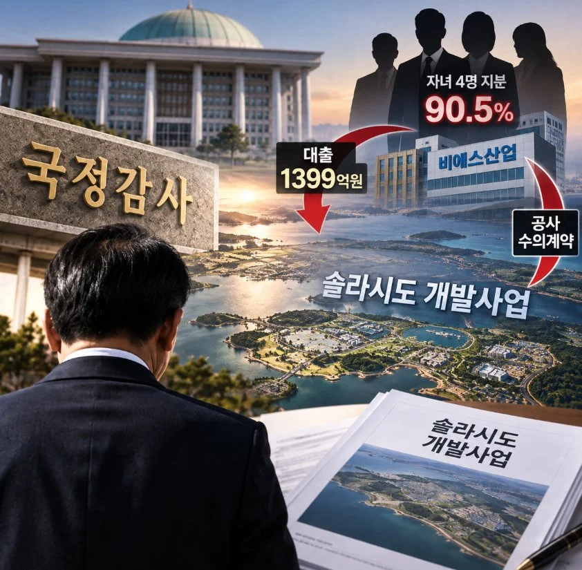 국회의사당과 전남 해남 솔라시도 개발사업을 배경으로, 이기승 BS그룹 회장 자녀 4명이 지분 90.5%를 보유한 비에스산업의 시행사 대여금 1399억원과 부지 조성공사 참여 구조를 표현한 AI 생성 이미지. 국정감사에서 공공투자에 따른 개발이익 귀속 문제가 제기되고 있으나, 위법 여부가 확인된 것은 아니다. (출처=뉴스필드 AI 생성 이미지·실제 현장 사진 아님)