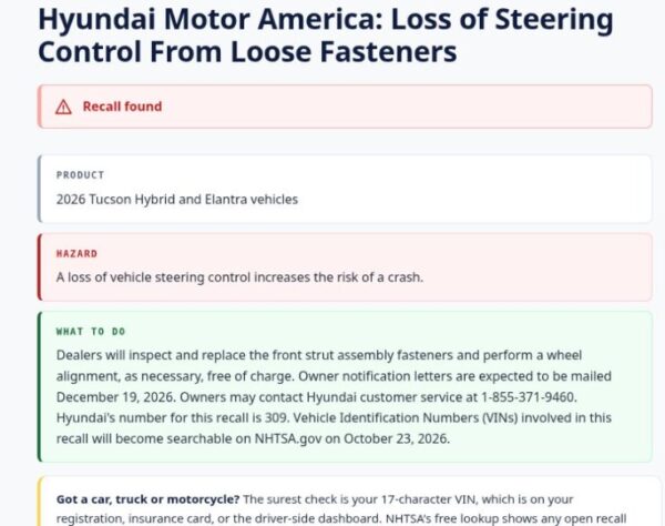 미국 도로교통안전국(NHTSA)의 리콜 정보를 정리한 안내 화면. 현대자동차 미국법인은 2026년형 투싼 하이브리드와 엘란트라 등 총 24대에서 앞바퀴 현가장치 체결 부품이 제대로 조여지지 않아 조향 제어 기능을 상실할 위험이 있다며 리콜을 신고했다. 사진=Consumer Sun의 NHTSA 리콜 정보 화면 캡처.