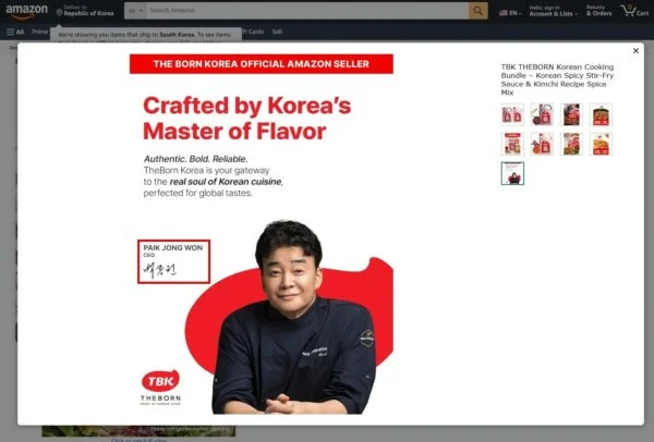 같은 아마존 묶음상품 페이지에 실렸던 마지막 판매 사진. Crafted by Korea's Master of Flavor(한국 맛의 대가가 만들었다) 문구 아래 백종원 더본코리아 대표의 영문 이름과 CEO 직함, 서명이 들어갔다. (출처=아마존 TBK THEBORN 판매 페이지)