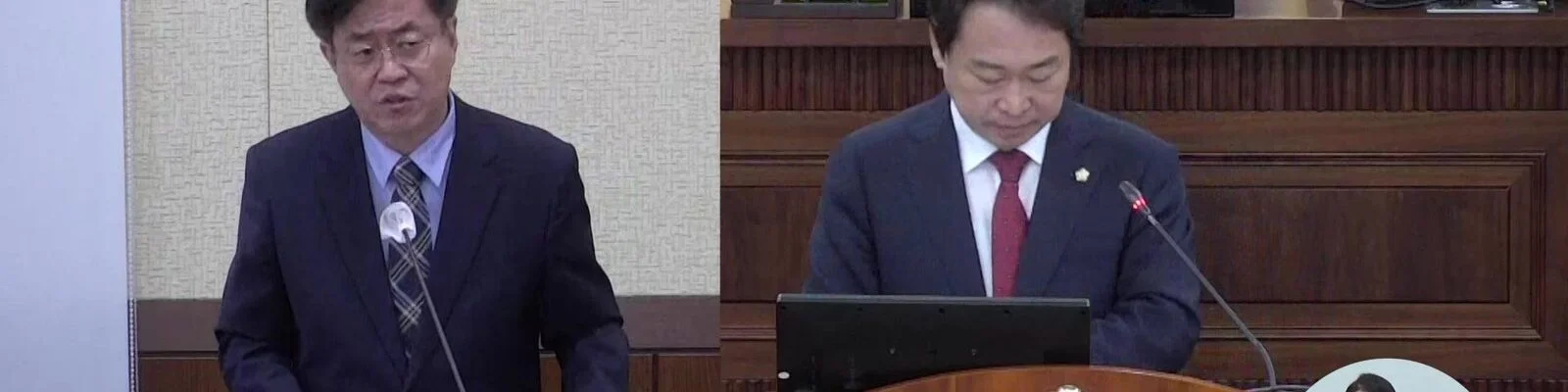 조유진 영등포구청장이 지난 9월 16일 구정질문에서 신청사 공사비가 해마다 5.5%씩 오른다는 가정보다 더 오를 것으로 예상한다고 답하고 있다. 오른쪽은 질문한 임헌호 의원. (출처=영등포구의회)