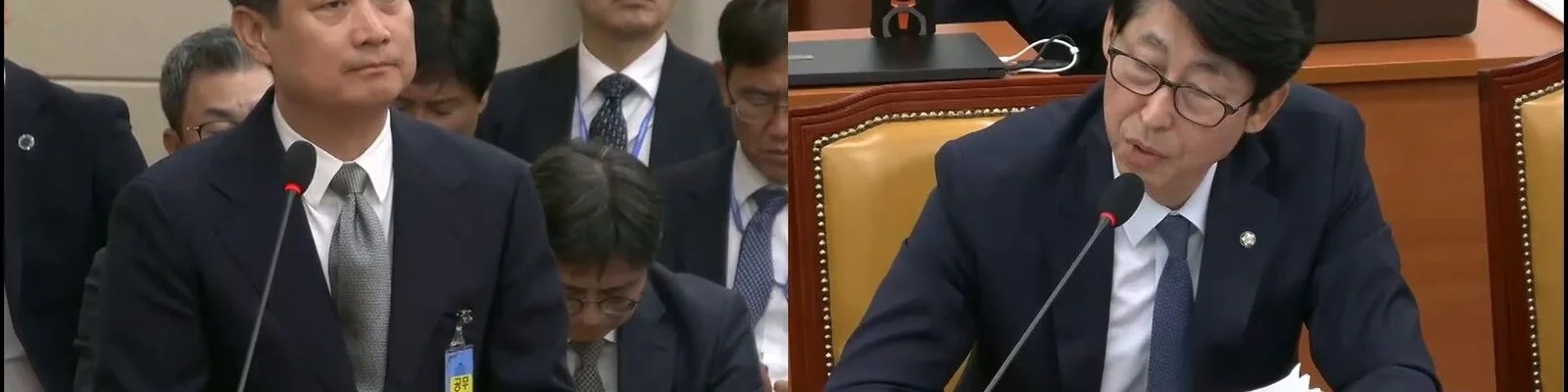 홍범식 LG유플러스 대표(왼쪽)가 23일 국회 과학기술정보방송통신위원회 과학기술정보통신부 등 종합감사에서 번호이동 위약금 면제 대상이 얼마나 되느냐는 이훈기 더불어민주당 의원(오른쪽)의 질의를 듣고 있다. (출처=국회방송)