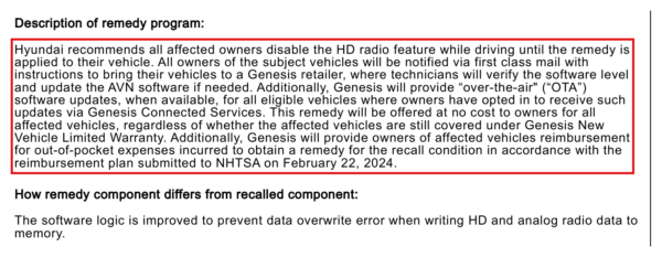 현대차가 미국 도로교통안전국(NHTSA)에 제출한 제네시스 리콜 보고서의 시정조치 계획. 빨간 박스에는 오디오·비디오·내비게이션(AVN) 소프트웨어를 확인하고 필요하면 업데이트하며, 조건을 충족한 차량에는 무선 업데이트도 제공한다는 내용이 담겼다. (출처=NHTSA)