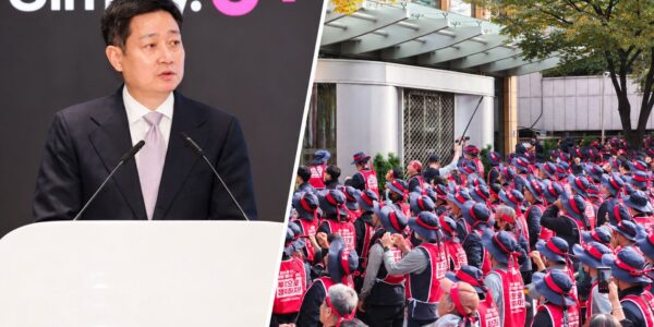 왼쪽은 홍범식 LG유플러스 대표이사, 오른쪽은 23일 서울 용산구 LG유플러스 본사 앞에서 임금 인상과 원청교섭 보장을 요구하며 총파업 결의대회를 연 비정규직 노동자들의 모습. 사진=LG유플러스·공공운수노조 제공