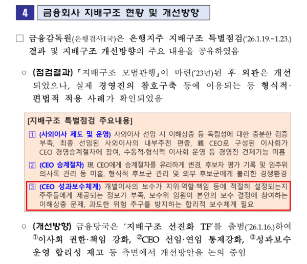 금융감독원이 지난 6월 29일 배포한 '2026년 상반기 은행권 내부통제 워크숍' 보도자료. 은행지주 지배구조 특별점검(1월 19~23일) 결과 CEO 성과보수체계의 미흡 사례로 '보수위 임원이 본인의 보수 결정에 참여하는 이해상충 문제'를 꼽았다. (출처=금융감독원 2026년 6월 29일 보도자료)