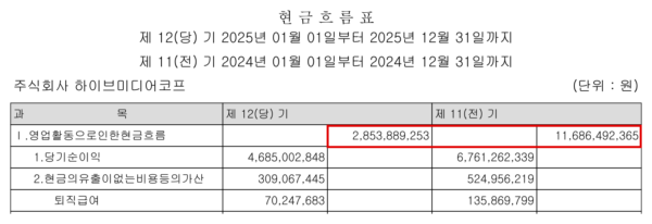 하이브미디어코프의 지난해 영업활동현금흐름은 28억5389만원으로 전년 116억8649만원보다 75.6% 감소했다. (출처=금융감독원 전자공시시스템·하이브미디어코프 감사보고서)
