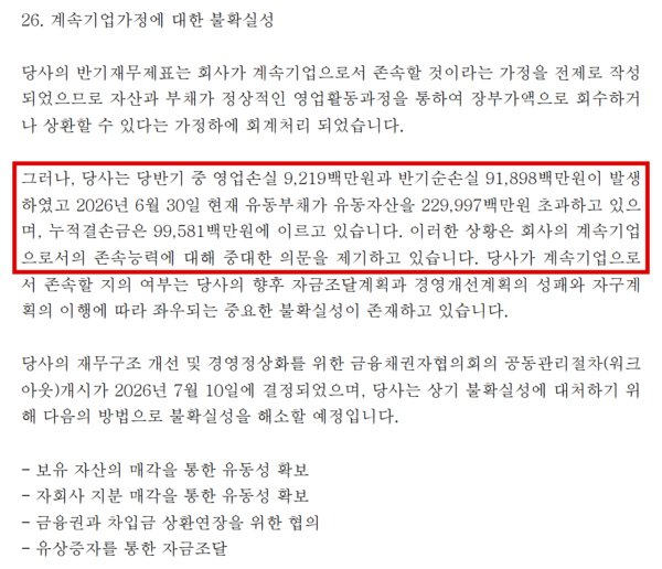 중앙일보가 2026년 8월 14일 제출한 반기보고서의 재무제표 주석 '계속기업가정에 대한 불확실성'. 상반기 영업손실 92억원, 반기순손실 919억원에 유동부채가 유동자산을 약 2300억원 웃돌아 계속기업 존속능력에 중대한 의문이 있다고 회사 스스로 적었다. 자구책으로 자산·자회사 지분 매각과 유상증자 등을 제시했다. (출처=중앙일보 2026년 반기보고서)